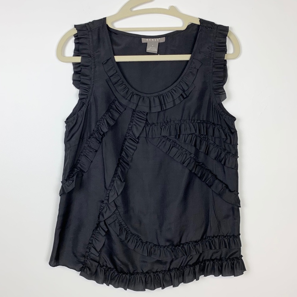 Kenar 100% Silk Black Ruffle Sleeveless Blouse